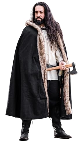 Leonardo Carbone® Unisex Wikinger Umhang Fjell mit Kunstfell - Mittelalter Kleidung Damen & Herren, Cape Männer, Hobbit Kostüm, LARP-Kleidung, Wikinger, Cosplay Herren, Halloween, Karneval Schwarz von Leonardo Carbone