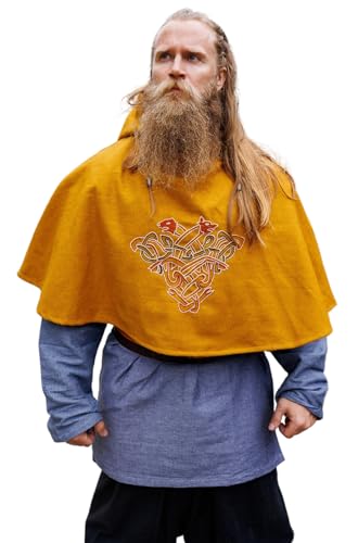 Leonardo Carbone® Unisex Wikinger Wollgugel Bjomolf mit Geri & Freki - Gugel Mittelalter Kleidung Herren & Damen, Mittelalter Kopfbedeckung, Hobbit Kostüm, LARP, Wikinger, Halloween, Karneval Senf von Leonardo Carbone