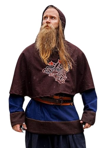 Leonardo Carbone® Unisex Wikinger Wollgugel Bjomolf mit Geri & Freki - Gugel Mittelalter Kleidung Herren & Damen, Mittelalter Kopfbedeckung, Hobbit Kostüm, LARP, Wikinger, Halloween, Karneval Braun von Leonardo Carbone