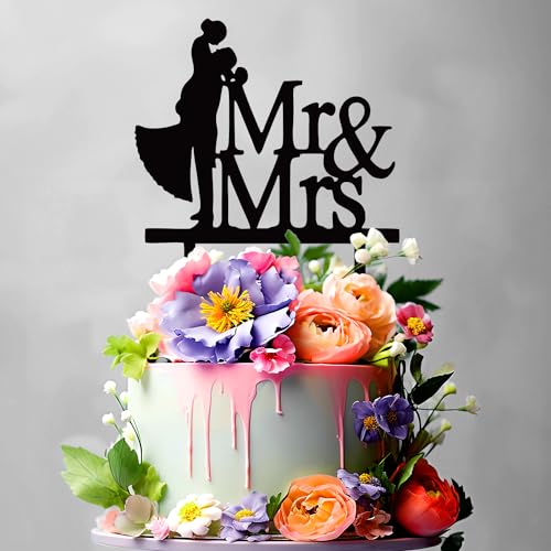 Mr & Mrs - Cake Topper - Blumenstecker - Tortenstecker personalisiert in 7 Farbe Aus MDF Holz Tortenaufleger - Tortenfigur, Kuchen Deko - Blumen Deko (#R2) von Leongeschenke