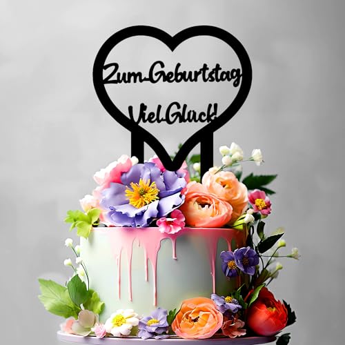 Zum Geburtstag Viel Glück - Cake Topper - Blumenstecker - Tortenstecker personalisiert in 7 Farbe Aus MDF Holz Tortenaufleger - Tortenfigur, Kuchen Deko - Blumen Deko (#R1) von Leongeschenke