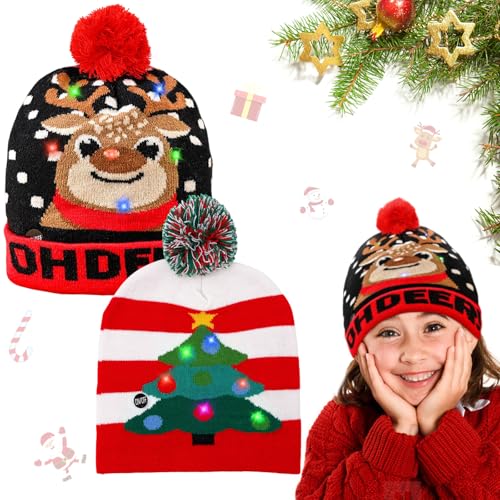 2 Stück LED Weihnachtsmützen, Unisex-Weihnachts Mütze, Warme Strickmütze mit Licht Kinder, Weihnachtsbaum Elch, Nikolausmütze, Einheitsgröße, Winter Schnee Hut für Weihnachtsfeier Familienfeiern von Leonshco