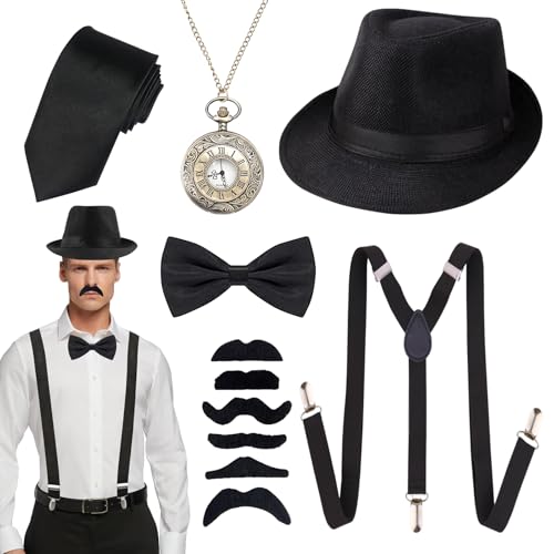 20er Jahre Kostüm Herren, Peaky Blinders Kostüm, Mafia Kostüm Herren mit Fliege, Hut, Krawatte, Schnurrbart, Taschenuhr, Hosenträger Herren, für Partys Cosplay Halloween Karneval-Herrenbekleidung von Leonshco