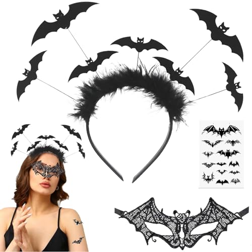 3 Teiliges Halloween Deko: Halloween Kostüm Damen Fledermaus Deko, Plüsch-Halloween Haarreif, Halloween Maske, Fledermaus-Tattoo-Aufkleber, Halloween-Karneval Kostümzubehör für Erwachsene und (A) von Leonshco