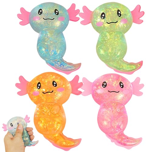 4 Stück Axolotl Spielzeug, Animagic Axolotl, Süßes Cartoon-Glitzernder Squishy Toy, Squeeze Toys zum Stressabbau Entspannendes Sensorisches für Kinder Erwachsene, Verwendbar für Partys und Geburtstage von Leonshco