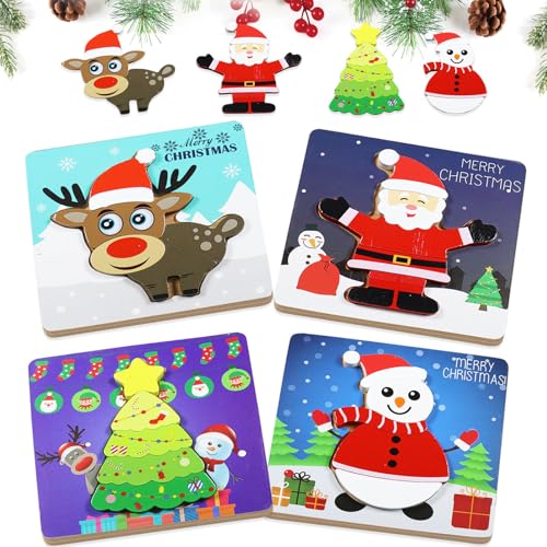 4 Stück Weihnachtspuzzle Kinderpuzzle, Holzpuzzle Kinder, Montessori Puzzle Weihnachten Lernspielzeug, Holzspielzeug Weihnachts Puzzle für Kindervon 1 bis 6 Jahren, Geschenke für Mädchen und Jungen von Leonshco