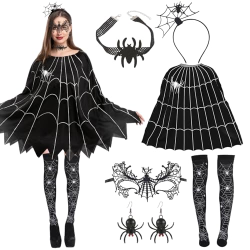 6 Stüc Halloween Kostüm Damen Fledermaus Set, Kostüm Halloween Damen mit Spinnenmaske, Haarreifen, Spinnennetz Poncho, Schmuck Accessoires - Kreieren Sie Einen Einzigartigen Karneval Party -Look von Leonshco