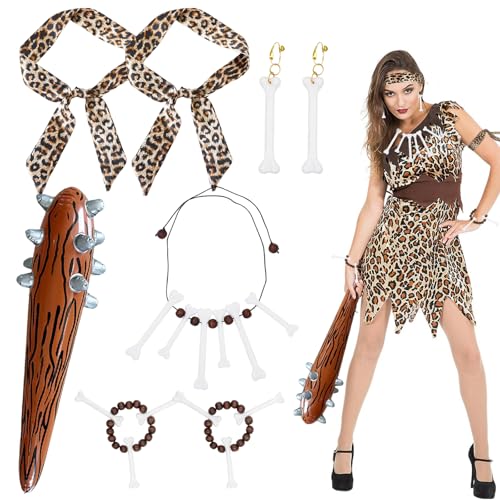 8 Stück Höhlenmensch Kostüm Zubehörset mit Aufblasbarer Streitkolben, Leopardenmuster (Stirnband, Armbänder), Knochen (Armband, Halskette, Ohrringe), Steinzeit Kostüm Damen für Karneval Cosplay Partys von Leonshco