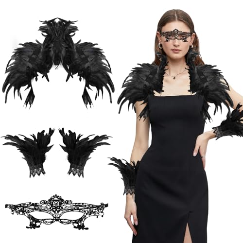 Federkragen Schwarzer, funkelnde Achselzucken, Federumhang Schwarz – Federkragen Schwarzer kostüm Damen mit Federmanschetten und Augenklappe – Halloween Karneval Cosplay Maskerade Maleficent Kostüm von Leonshco