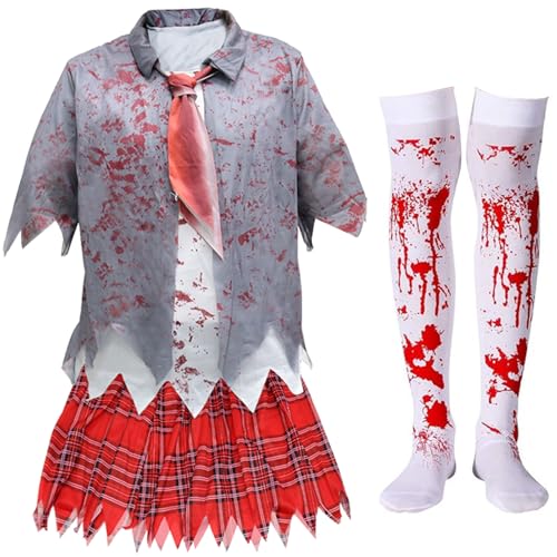 Gruselige Halloween Kostüm Zombie Schulmädchen Kostüm, Ausgefallene Schulmädchen Kostüm Halloween Kostüm Damen Zombiem, Gruselige überraschung Zombie Kostüm, für Schaurige Events, Fasching, Karneval von Leonshco