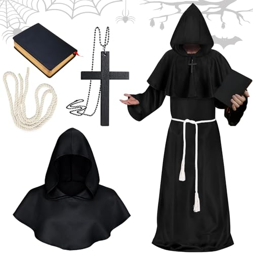 Halloween Kostüm Mönch Robe und Priester Kostüm Set, Mittelalterliche und Renaissance Mönch Kostüm mit Kapuze, Kreuz-Halskette, Sisal Seil und Schwarzes Buch für Halloween, Karneval, Cosplay (XL) von Leonshco