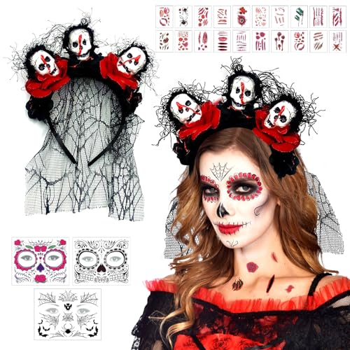 Halloween Tag Der Toten Haarreif und Schleier, Tag Der Toten Haarschmuck, Rosenschädel-Dia De Los Muertos Haarreif mit Halloween Tattoo Gesicht Und Aufkleber für Gothic-Cosplay-Party-Kostümzubehör (D) von Leonshco