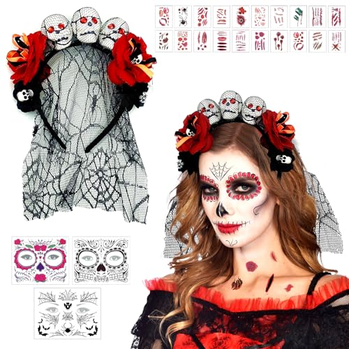 Halloween Tag Der Toten Haarreif und Schleier, Tag Der Toten Haarschmuck, Rosenschädel-Dia De Los Muertos Haarreif mit Halloween Tattoo Gesicht Und Aufkleber für Gothic-Cosplay-Party-Kostümzubehör (B) von Leonshco