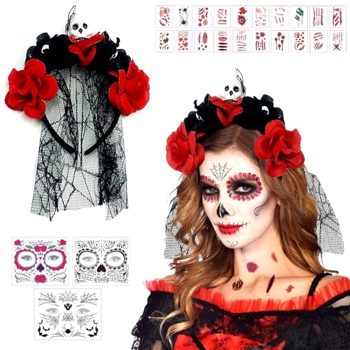 Halloween Tag Der Toten Haarreif und Schleier, Tag Der Toten Haarschmuck, Rosenschädel-Dia De Los Muertos Haarreif mit Halloween Tattoo Gesicht Und Aufkleber für Gothic-Cosplay-Party-Kostümzubehör (C) von Leonshco