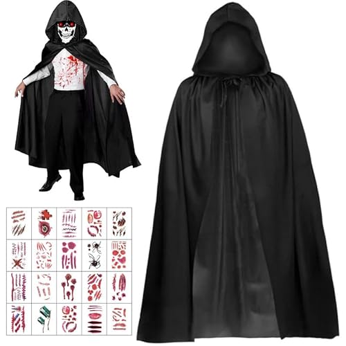 Halloween Umhang Kinder, Schwarzer Umhang mit Kapuze, Vampir Kostüm Umhang mit 20 Wasserdichten Narbenaufklebern, Erwachsene Kinderkostüm Cosplay-Zubehör für Halloween-Maskerade-Hausparty (120cm) von Leonshco