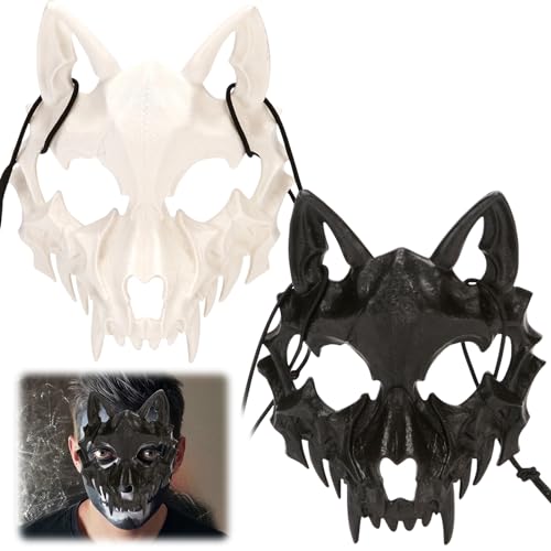 Japanische Halloween Maske, 2 Stück Werwolf Cosplay Skull Mask, Schwarz Weiß Halbgesichts Terrifier Maske, Anime Maske Therian Mask Lustige Masken, Halloween Kostüm Party Dekorationsmaske (B) von Leonshco