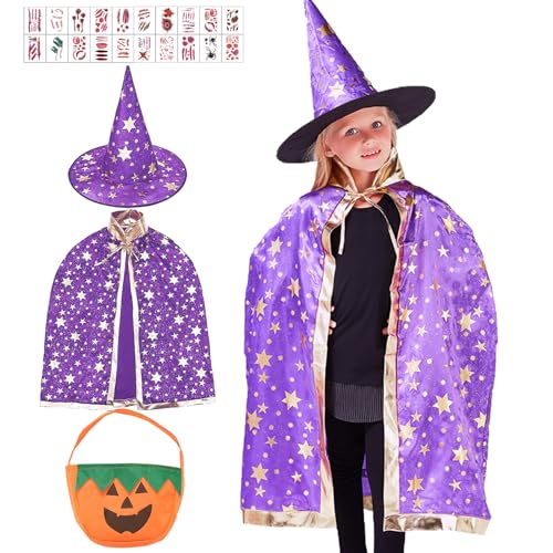 Kinder Halloween Kostüm, Hexenkostüm Kinder Umhang, Zauberer Kostüm Kinder Kostüm mit Aufkleber Einem Hutkürbisgeschenkteltasche für Jungen und Mädchen 3-12 Jahre Altes Charakter Spielen (Lila) von Leonshco