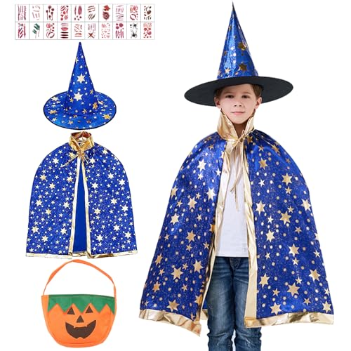 Kinder Halloween Kostüm, Hexenkostüm Kinder Umhang, Zauberer Kostüm Kinder Kostüm mit Aufkleber Einem Hutkürbisgeschenkteltasche für Jungen und Mädchen 3-12 Jahre Altes Charakter Spielen (Blau) von Leonshco