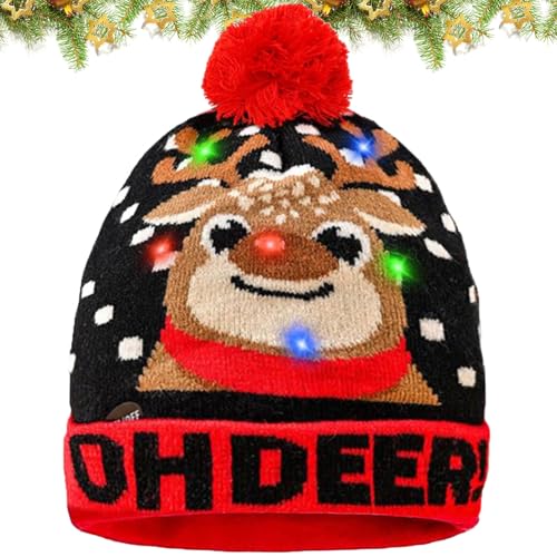 LED Weihnachtsmützen, Unisex-Weihnachts Mütze, Warme Mütze mit Licht Kinder, Strickmütze, Elchdekoration Mütze, Nikolausmütze, Einheitsgröße, Winter Schnee Hut für Weihnachtsfeier Familienfeiern von Leonshco