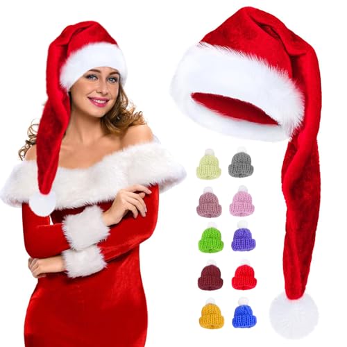 Weihnachtsmütze Nikolausmütze, Roter Plüsch Weihnachtsmann Mütze & 10 Mini Hüte, Weihnachts Mütze mit Dickem Fellrand, Warme Weihnachtsparty-Accessoires, 32 X 75 Cm, Geeignet für Erwachsene und Kinder von Leonshco