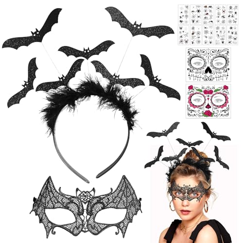 Leonshco 14 Stück Halloween Kostüm Zubehör mit Feder Fledermaus Halloween Haarreif Venezianischen Masquerade Maske Temporären Tattoo-Aufklebern Vampir Haarreifen Fasching Karneval Party Dekoration von Leonshco