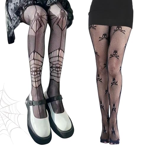 Leonshco 2 Paar Halloween Netzstrumpfhose Schwarz Fishnet Stockings Totenkopf-Spinne Nylonstrümpfe Damen Weihnachtliche Trumpfhosen Mesh-Socken Hexe Vampir Rave Mottoparty Halloween-Kostüm-Zubehör von Leonshco