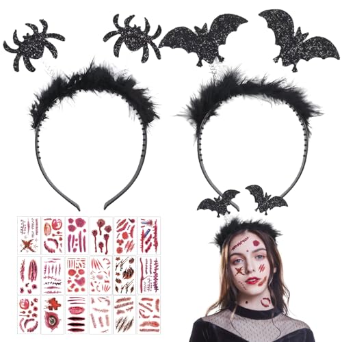 Leonshco Spinnen und Fledermaus Haarreif, 2 Stück Halloween Haarreif, Haarreif Halloween Schwarzer Plüsch Glitzer, Inklusive 20 Blatt Tattoo-Aufkleber, Kopfschmuck Halloween für Kostümparty Cosplay von Leonshco