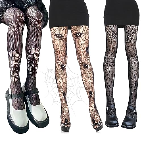 Leonshco 3 Paar Halloween Netzstrumpfhose Schwarz Fishnet Stockings Totenkopf-Spinne Nylonstrümpfe Damen Weihnachtliche Trumpfhosen Mesh-Socken Hexe Vampir Rave Mottoparty Halloween-Kostüm-Zubehör von Leonshco