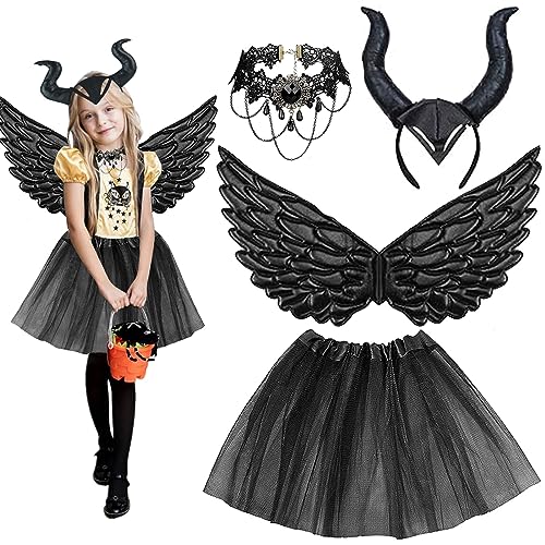 Leonshco 4 Stück Maleficent Kinder Königin Hörner Kostüm Set Böse Königin Hörner Haarreif Schwarz Böse Fee Costume mit Halsket Maleficent Flügel für Karneval Halloween Maskerade Cosplay von Leonshco