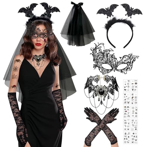 Leonshco 6 Stück Venezianischen Masquerade Maske mit Spitzenhandschuhe Schwarzem Schleier Spitzenhalskette Halloween Fledermaus Haarreif Tattoo Sticker für Karneval, Maskerade, Cosplay, Party usw (B) von Leonshco