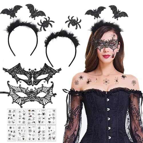 Leonshco 7 Stück Halloween Steampunk Damen Zubehör, 2 Venezianische Maske Damen/2 Halloween Haarreif/2 Schwarze Mund-Aufkleber/10 Tattoo Sticker für Karneval, Maskerade, Cosplay, Party Usw (C) von Leonshco