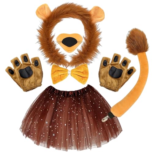 6 Stück Löwenkostüm Kinder Tier Löwen Kostüm Set – Plüsch-Haarreifen Löwe, Nase, Handschuhe, Schwanz, Rock, Fliege – Tolle Tierkostüm Kinder für Halloween, Geburtstage, Karneval, Cosplays, Tierpartys von Leonshco