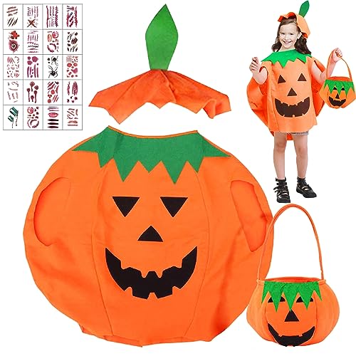 Leonshco Halloween Kostüm, Kürbis Kostüm Kinder, Lustige Kostüm Halloween Kinder, Kürbiskostüm Kind mit Halloween Kürbis Tasche Temporärer ufkleberhut für Karneval, Cosplay-Party von Leonshco