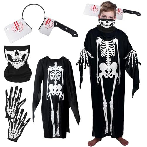 Halloween Kostüm Kinder Skelett Kostüm, Unisex Zombie Kostüm mit Handschuhe und Kopfbedeckung, Gruseliges Sensenmann Kostüm für Karneval, Day of the Dead, Mottoparty & Trick-or-Treating (120cm) von Leonshco