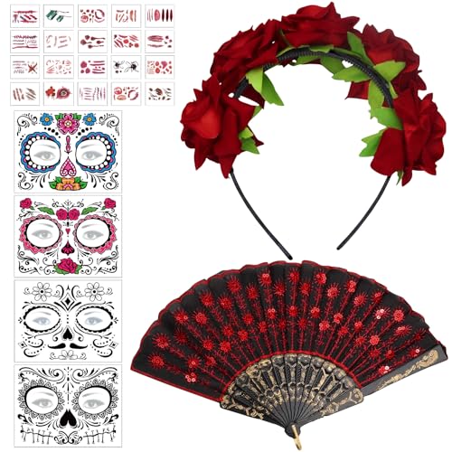 Leonshco Halloween Tag Der Toten Haarreif, Dia De Los Muertos, Mexikanisches Blumen-Haarreif, Kostüm Mit Gesichts-Tattoo Und Spitze Handfächer für Karneval Cosplay-Kostümparty Leonshco Halloween Tag Der Toten Haarreif, Dia De Los Muertos, Mexikanisches Blumen-Haarreif, Kostüm Mit Gesichts-Tattoo Und Spitze Handfächer für Karneval Cosplay-Kostümparty von Leonshco