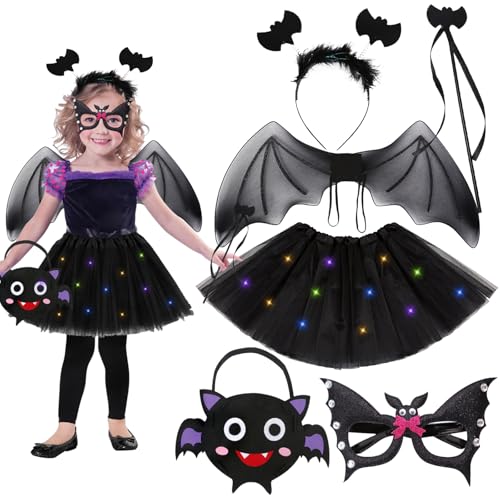 6 Stück Halloween Kostüm Kinder Mädchen, Fledermaus Kostüm Kinder Set - LED Tüllrock, Fledermausflügel, Zauberstab, Haarband, Maske, Filztasche - Cosplay Outfit für Halloween Party Karneval Fasching von Leonshco