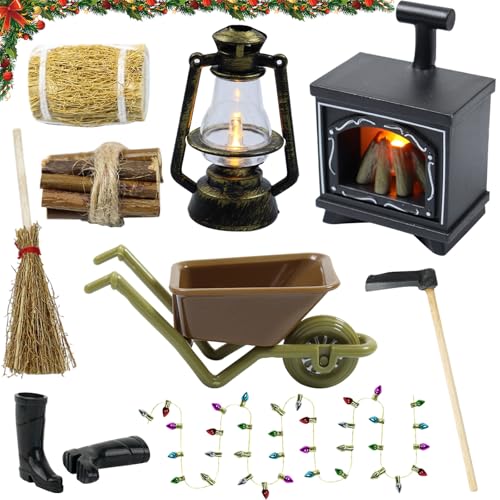 Wichtel Zubehör Weihnachten, Wichtelhaus Zubehör, Miniatur-Wichtelzubehör mit Leuchtendem Kamin, Petroleumlampe, Heuhaufen, Hacke, Gummistiefeln, Schubkarre, Besen, Brennholz, DIY Geschenk für Kinder von Leonshco