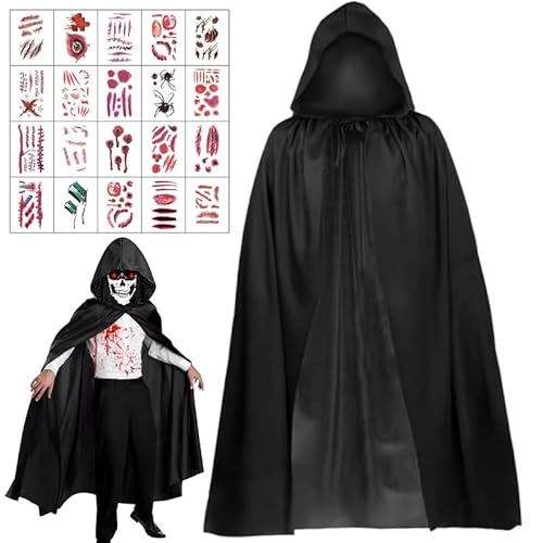 Schwarzer Umhang Kinder und Erwachsene, Mittelalterlicher Vampir Umhang, Halloween Umhang mit Kapuze, Cosplay-Zubehör mit Narbenaufklebern, für Halloween-Partys, Kostümpartys, Familienfeiern (90 Cm) Schwarzer Umhang Kinder und Erwachsene, Mittelalterlicher Vampir Umhang, Halloween Umhang mit Kapuze, Cosplay-Zubehör mit Narbenaufklebern, für Halloween-Partys, Kostümpartys, Familienfeiern (90 Cm) von Leonshco