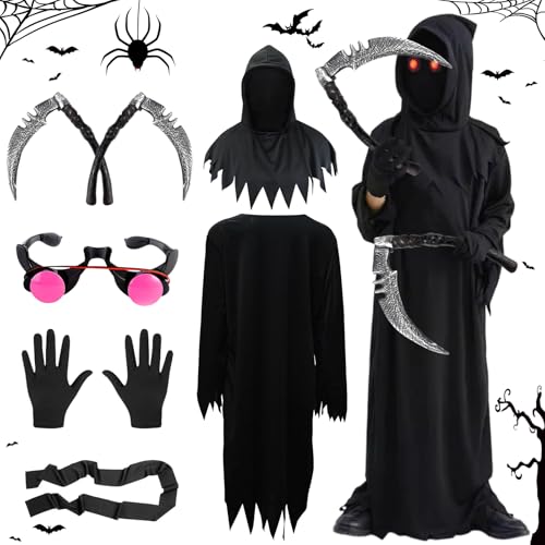 Sensenmann Kostüm Kinder, Halloween Kostüm für Jungen und Mädchen - Schwarzes Gruseliges Gewand mit Doppelsensen und Leuchtend Roten Augen, Halloween-Kostüm Kinder Set für Spooky Party Dress up (95cm) von Leonshco