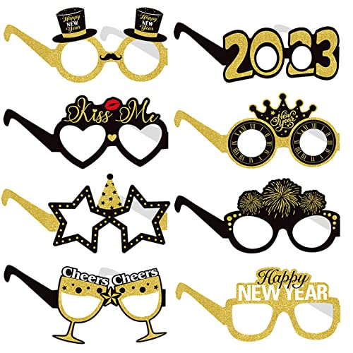 Silvester Brillen, 8 Stück Happy New Year Brillen, Glitter Papier-3D-Partybrille, Lustige Silvester Deko Neujahrsbrille, Geeignet für Silvester-Partyzubehör, Silvester Foto Requisiten, Partygeschenke von Leonshco