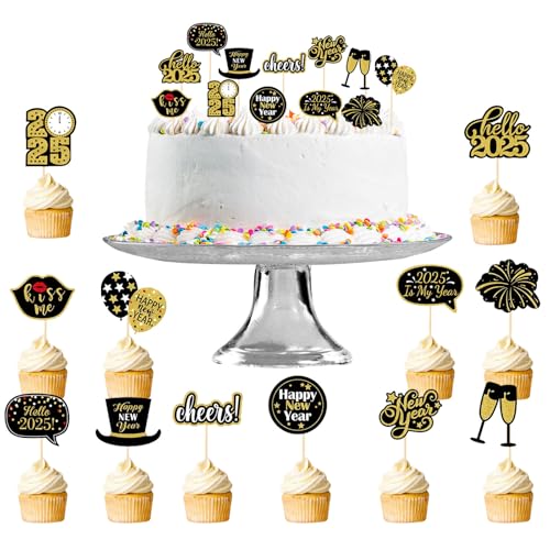 24 Stück Tortendeko Happy New Year Tortendeko Silvester Deko, Schwarz Gold Silvester Cupcake Topper, Neujahr Dekoation Zubehör, Silvester Party Dekoration Zubehör für Party Tisch Kuchen Dekoration von Leonshco