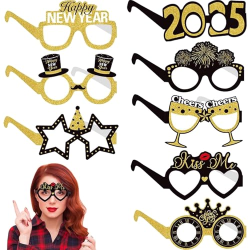 Silvester Brillen, 8 Stück Happy New Year Brillen, Glitter Papier-3D-Partybrille, Lustige Silvester Deko Neujahrsbrille, Geeignet für Silvester-Partyzubehör, Silvester Foto Requisiten, Partygeschenke von Leonshco