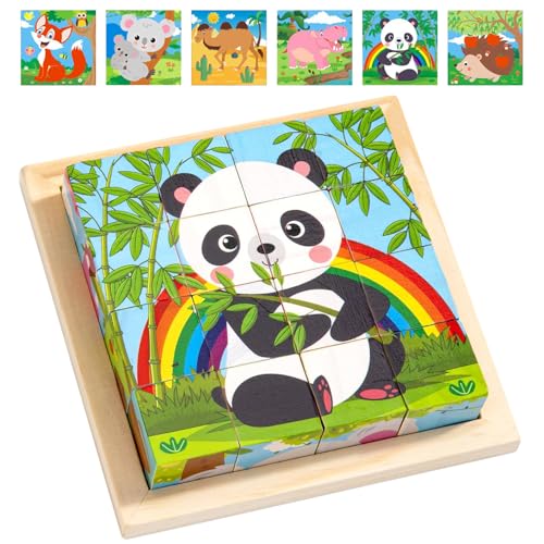 Würfelpuzzle Holz 3D Bilderwürfel Puzzlespiele, 6 in 1 Holzpuzzle Kinder Montessori Puzzle Würfel Spielzeug, Fördert Hand-Auge-Koordination, Geschenk für Jungen Mädchen, für Kinder ab 1 2 3 4 Jahre von Leonshco