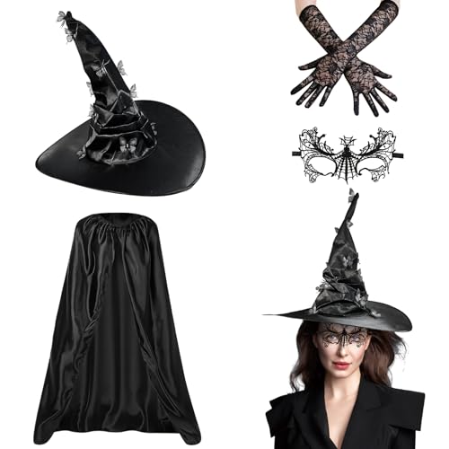 Halloween Hexenkostüm Damen, Halloween Kostüm Damen 4 Teile Enthalten Hexenhut, Schwarzer Umhang, Handschuhe Lang und Augenschleier, Hexe Kostüm Damen für Halloween Party, Cosplay Accessoires (C) von Lergas