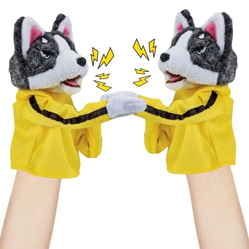 Kung Fu Husky Hunde Spielzeug, Boxen Hunde Plüschtier Handschuhe, Geräuscherzeugendes Kung Fu Husky Hund Plüschtier, Husky Hunde Puppen Handschuhspielzeug für Erwachsene und Kinder (2 Stück) von Lergas