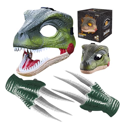 Lergas Dino Maske mit Beweglichem Kiefer und Sound, Halloween Dinosaurier Maske mit 2 Krallen, Halloween Dino Maske Einstellbare Größe, Dinosaurier Maske für Halloween Party, Cosplay Requisiten (A) von Lergas