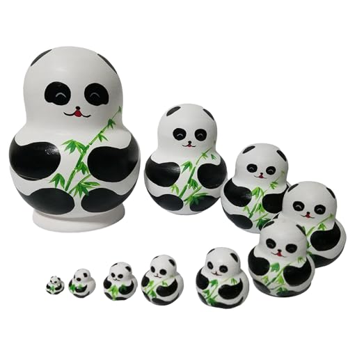 Handgefertigte russische Nesting-Puppen, 10-teiliges Holz-Matroschka-Set, Volkskunst, Panda-Thema, Sammlerstück, Nistpuppen-Set von Lerpwige