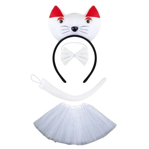 Lerpwige 1/3/4 Katzen Kostüme Cosplay Katzen Ohren Stirnband Bowtie Tail Tutus Rock Set Halloween Animal Fancy Costum Accessoires Kits von Lerpwige