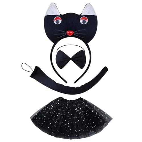 Lerpwige 1/3/4 Katzen Kostüme Cosplay Katzen Ohren Stirnband Bowtie Tail Tutus Rock Set Halloween Animal Fancy Costum Accessoires Kits von Lerpwige