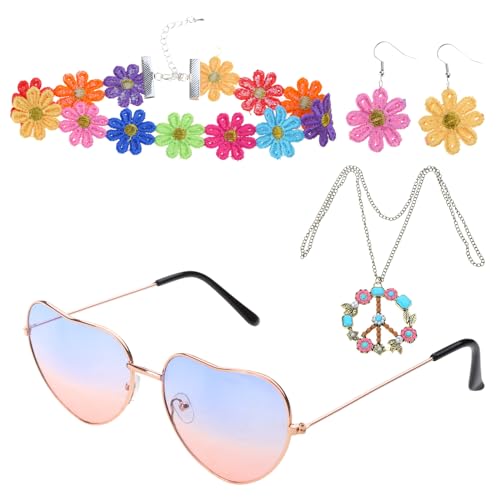 Lerpwige 4-teiliges Hippie Kostüm Set Hippie Kostüm Set Sonnenbrille Friedenszeichen Halskette Stirnbänder Ohrringe von Lerpwige